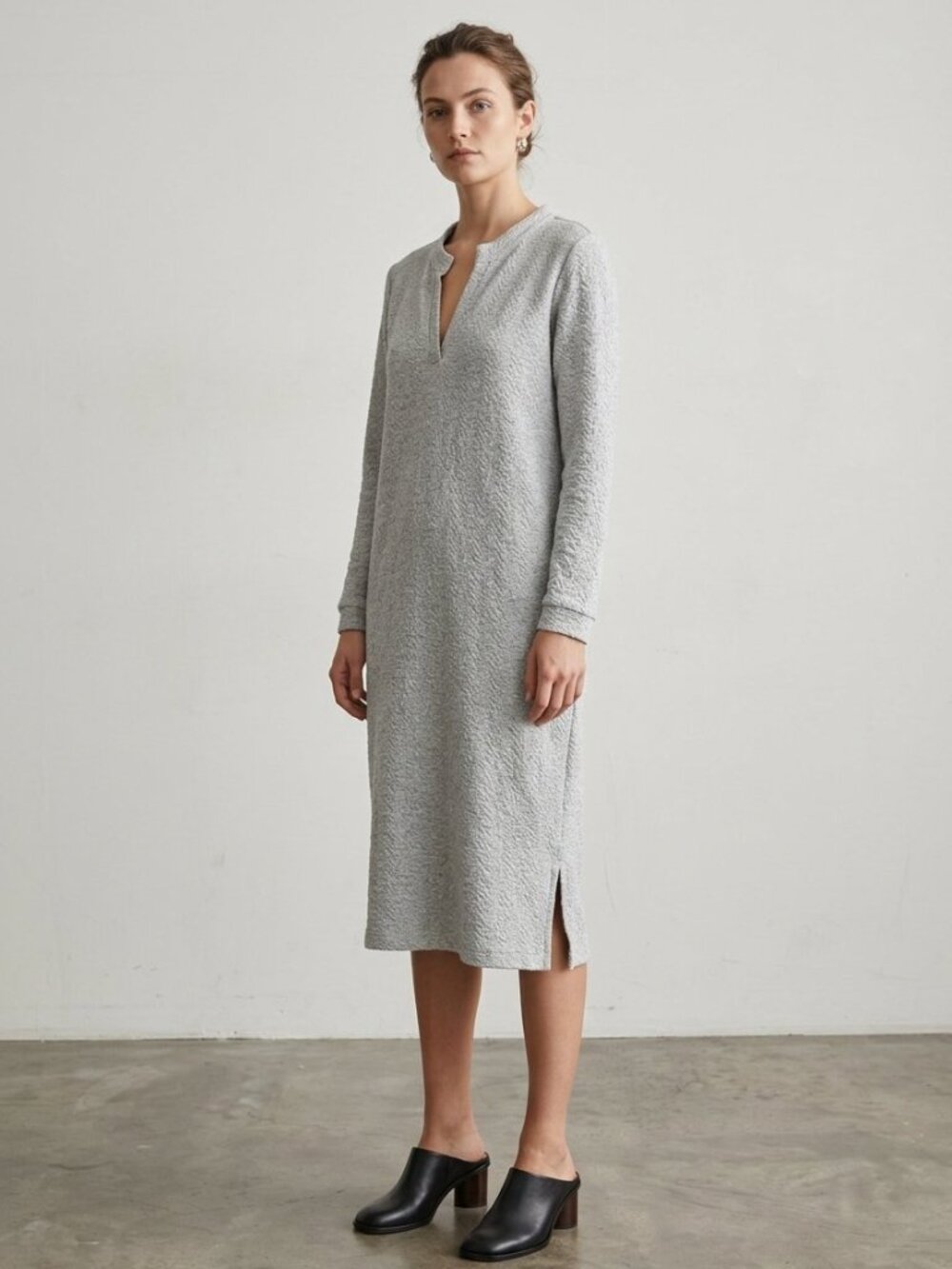 Humanoid Textured Knit Split-Neck Midi Dress — Gray, Size L